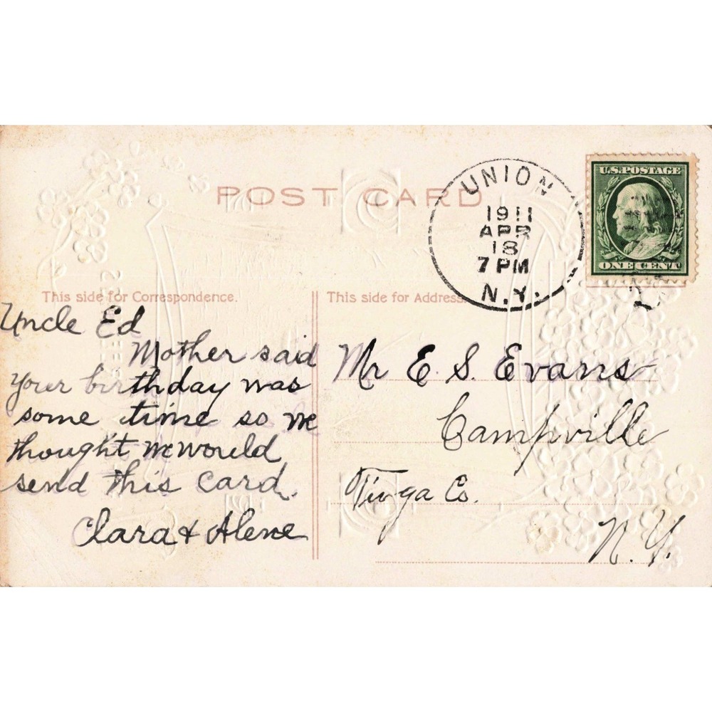 Vintage 1911 Birthday Greetings Postcard Embossed Sailboat Forget-Me-Nots NY - Picture 2 of 2